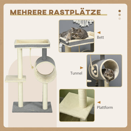Cat tree with sisal scratching post, play ball and beds, gray