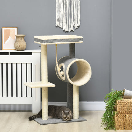 Cat tree with sisal scratching post, play ball and beds, gray