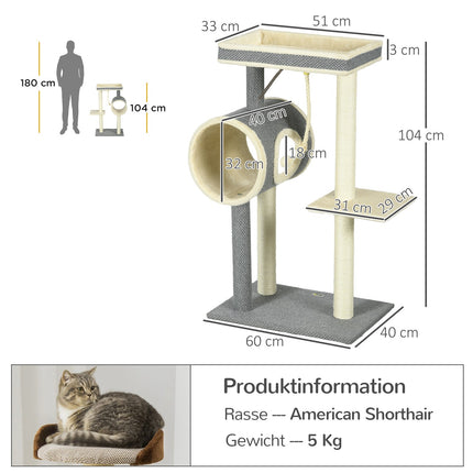 Cat tree with sisal scratching post, play ball and beds, gray