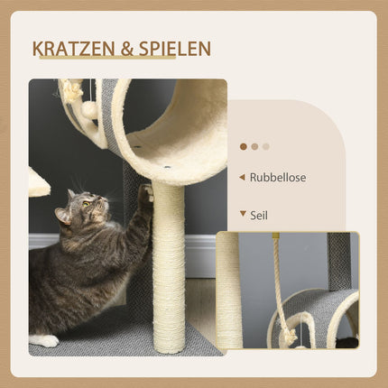 Cat tree with sisal scratching post, play ball and beds, gray