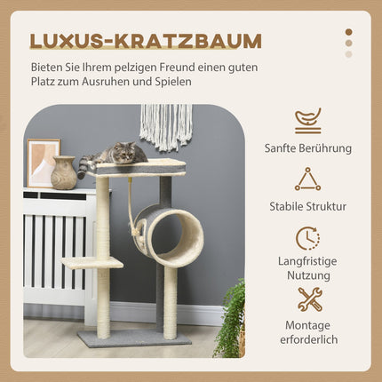 Cat tree with sisal scratching post, play ball and beds, gray