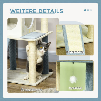 Cat tree, 114cm, Blue - With hanging bed & play ball