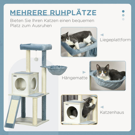 Cat tree, 114cm, Blue - With hanging bed & play ball