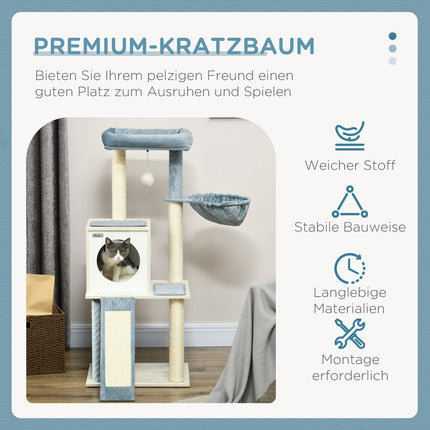 Cat tree, 114cm, Blue - With hanging bed & play ball