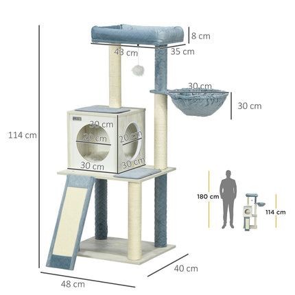 Cat tree, 114cm, Blue - With hanging bed & play ball