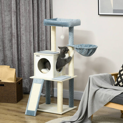 Cat tree, 114cm, Blue - With hanging bed & play ball