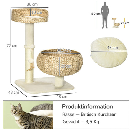 Katzenkratzbaum 72cm mit Liegeplätzen & Spielball, Beige/Creme