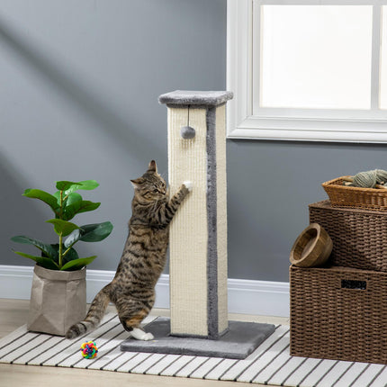 Arbre à chat de 81 cm de haut en sisal avec balle de jeu, idéal pour les chats jusqu'à 5 kg, usage intérieur, gris et crème.