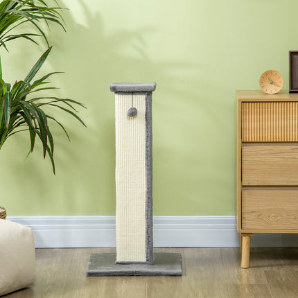 Arbre à chat de 81 cm de haut en sisal avec balle de jeu, idéal pour les chats jusqu'à 5 kg, usage intérieur, gris et crème.