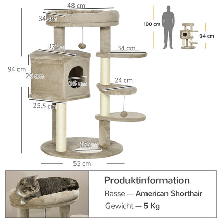 Cat Climbing Tree with Cave & Play Ball, Brown & Cream