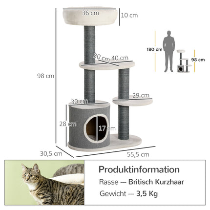 Katzenbaum mit Höhle & Kratzbaum, 98cm, grau/weiß
