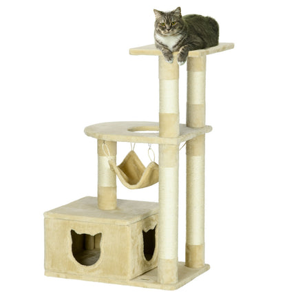 Arbre à chat confortable de 99 cm avec lit suspendu et niche, 2 plateformes, pour chats, peluche, beige
