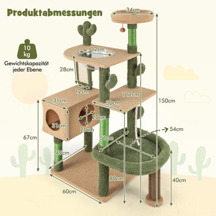 Scratching Post Cactus Cat Tree with Platforms Brush Toy Sisal Rope Green + Brown