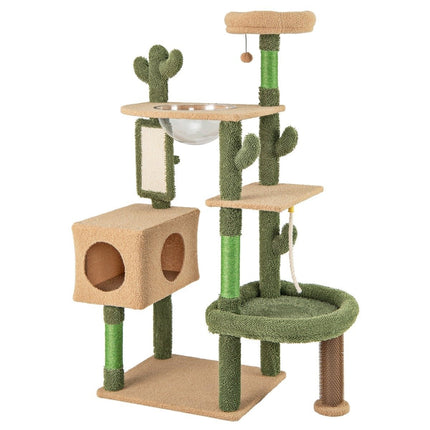 Scratching Post Cactus Cat Tree with Platforms Brush Toy Sisal Rope Green + Brown