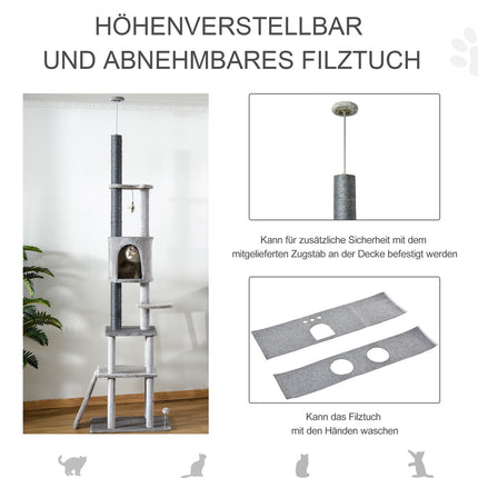 Kratzbaum für hohe Decken mit Spielzeug, Sisalplüsch, verstellbar