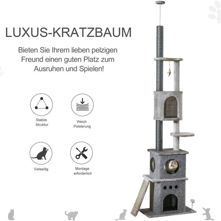 Kratzbaum für hohe Decken mit Spielzeug, Sisalplüsch, verstellbar