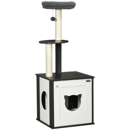 Cat climbing tree with sisal posts and bed, dark grey/white