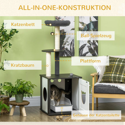 Cat climbing tree with sisal posts and bed, dark grey/white