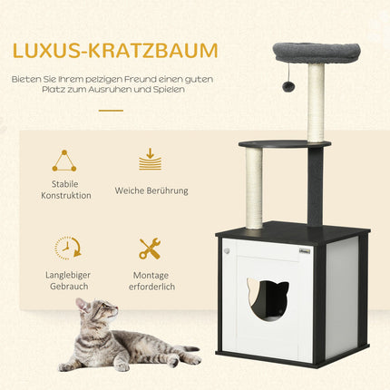 Cat climbing tree with sisal posts and bed, dark grey/white