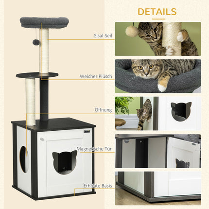 Cat climbing tree with sisal posts and bed, dark grey/white