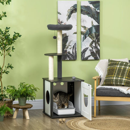 Cat climbing tree with sisal posts and bed, dark grey/white