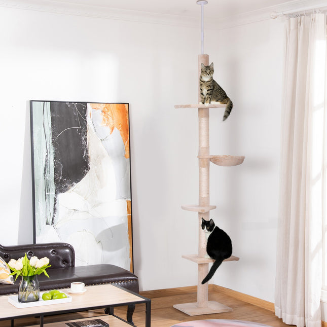 Verstellbarer beiger Katzenkratzbaum mit Sisal zum Klettern, 230-260cm