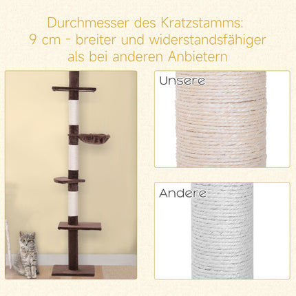 Height-adjustable cat tree with sisal columns, brown