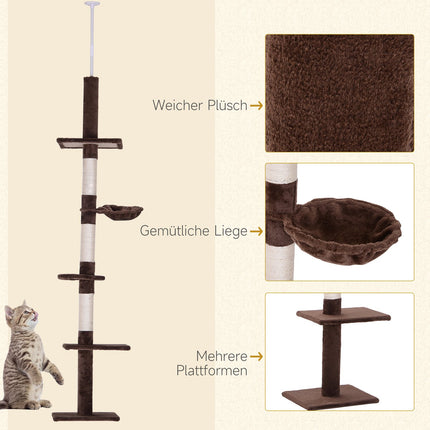Height-adjustable cat tree with sisal columns, brown