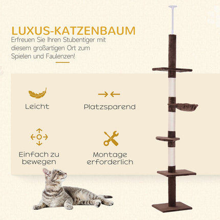 Height-adjustable cat tree with sisal columns, brown