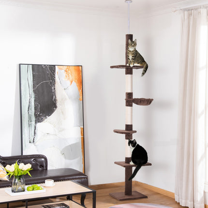 Height-adjustable cat tree with sisal columns, brown