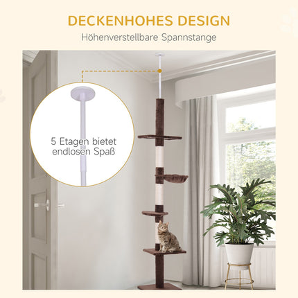 Height-adjustable cat tree with sisal columns, brown
