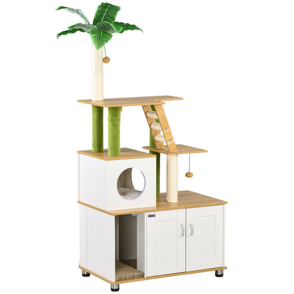 Arbre à chat, litière, meuble 2 en 1, 160 cm, maison pour chat, escalier, arbre à chat, balle de jeu, plateforme, meuble à gratter, chêne