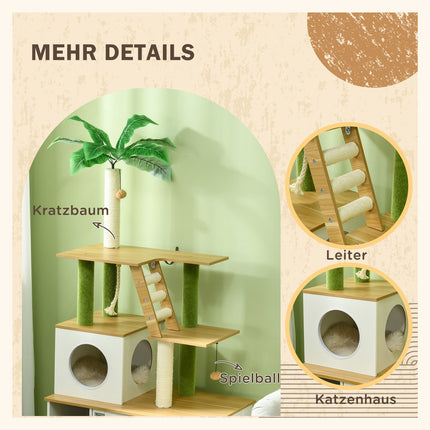 Arbre à chat, litière, meuble 2 en 1, 160 cm, maison pour chat, escalier, arbre à chat, balle de jeu, plateforme, meuble à gratter, chêne