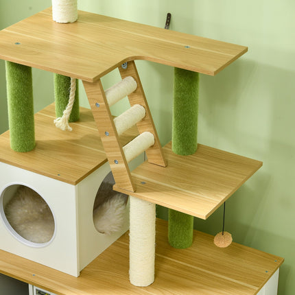 Arbre à chat, litière, meuble 2 en 1, 160 cm, maison pour chat, escalier, arbre à chat, balle de jeu, plateforme, meuble à gratter, chêne