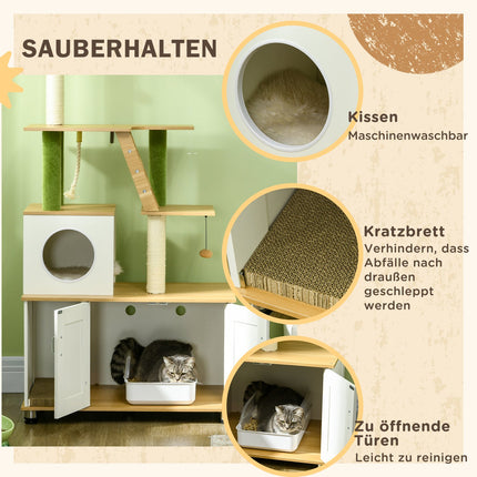 Arbre à chat, litière, meuble 2 en 1, 160 cm, maison pour chat, escalier, arbre à chat, balle de jeu, plateforme, meuble à gratter, chêne