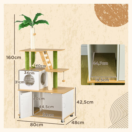 Arbre à chat, litière, meuble 2 en 1, 160 cm, maison pour chat, escalier, arbre à chat, balle de jeu, plateforme, meuble à gratter, chêne