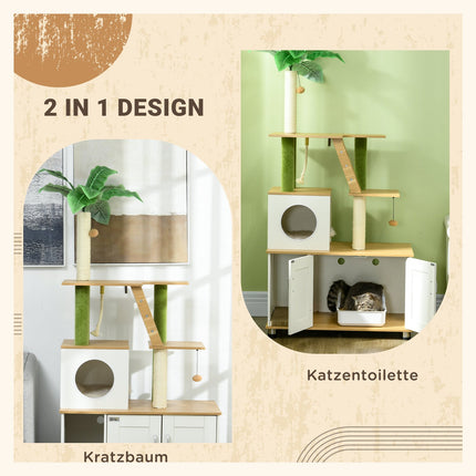 Arbre à chat, litière, meuble 2 en 1, 160 cm, maison pour chat, escalier, arbre à chat, balle de jeu, plateforme, meuble à gratter, chêne