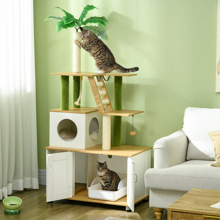 Arbre à chat, litière, meuble 2 en 1, 160 cm, maison pour chat, escalier, arbre à chat, balle de jeu, plateforme, meuble à gratter, chêne