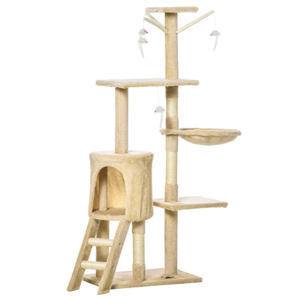 Katzenkratzbaum mit Treppe und Spielzeug, beige, 50 x 35 x 134 cm