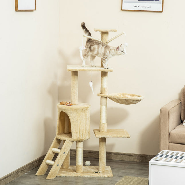 Katzenkratzbaum mit Treppe und Spielzeug, beige, 50 x 35 x 134 cm