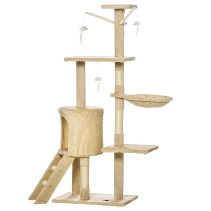 Katzenkratzbaum mit Treppe und Spielzeug, beige, 50 x 35 x 134 cm