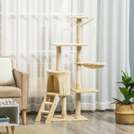 Katzenkratzbaum mit Treppe und Spielzeug, beige, 50 x 35 x 134 cm