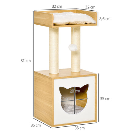 Cat scratching post with cave, toys and cushions, 81 cm long