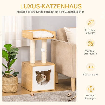 Cat scratching post with cave, toys and cushions, 81 cm long