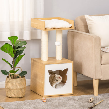 Cat scratching post with cave, toys and cushions, 81 cm long