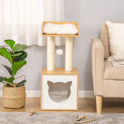 Cat scratching post with cave, toys and cushions, 81 cm long