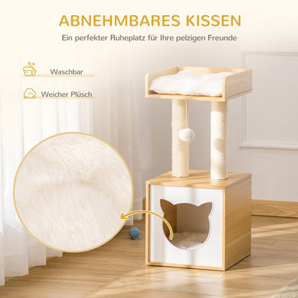 Cat scratching post with cave, toys and cushions, 81 cm long