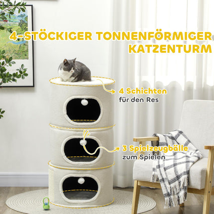Krabton, 100 cm hoog, kattenton met 3 holten, krabpaal met speelballen, kattentoren van sisal, voor katten tot 6 kg, beige + crèmewit