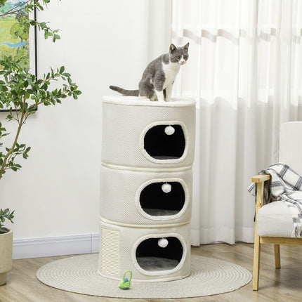 Krabton, 100 cm hoog, kattenton met 3 holten, krabpaal met speelballen, kattentoren van sisal, voor katten tot 6 kg, beige + crèmewit