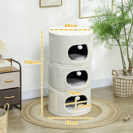 Krabton, 100 cm hoog, kattenton met 3 holten, krabpaal met speelballen, kattentoren van sisal, voor katten tot 6 kg, beige + crèmewit